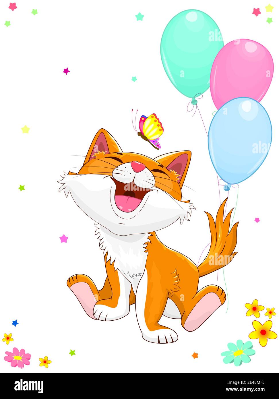Lächelndes Cartoon Kätzchen sitzt neben Luftballons. Fröhliche Kätzchen und Schmetterling. Stock Vektor