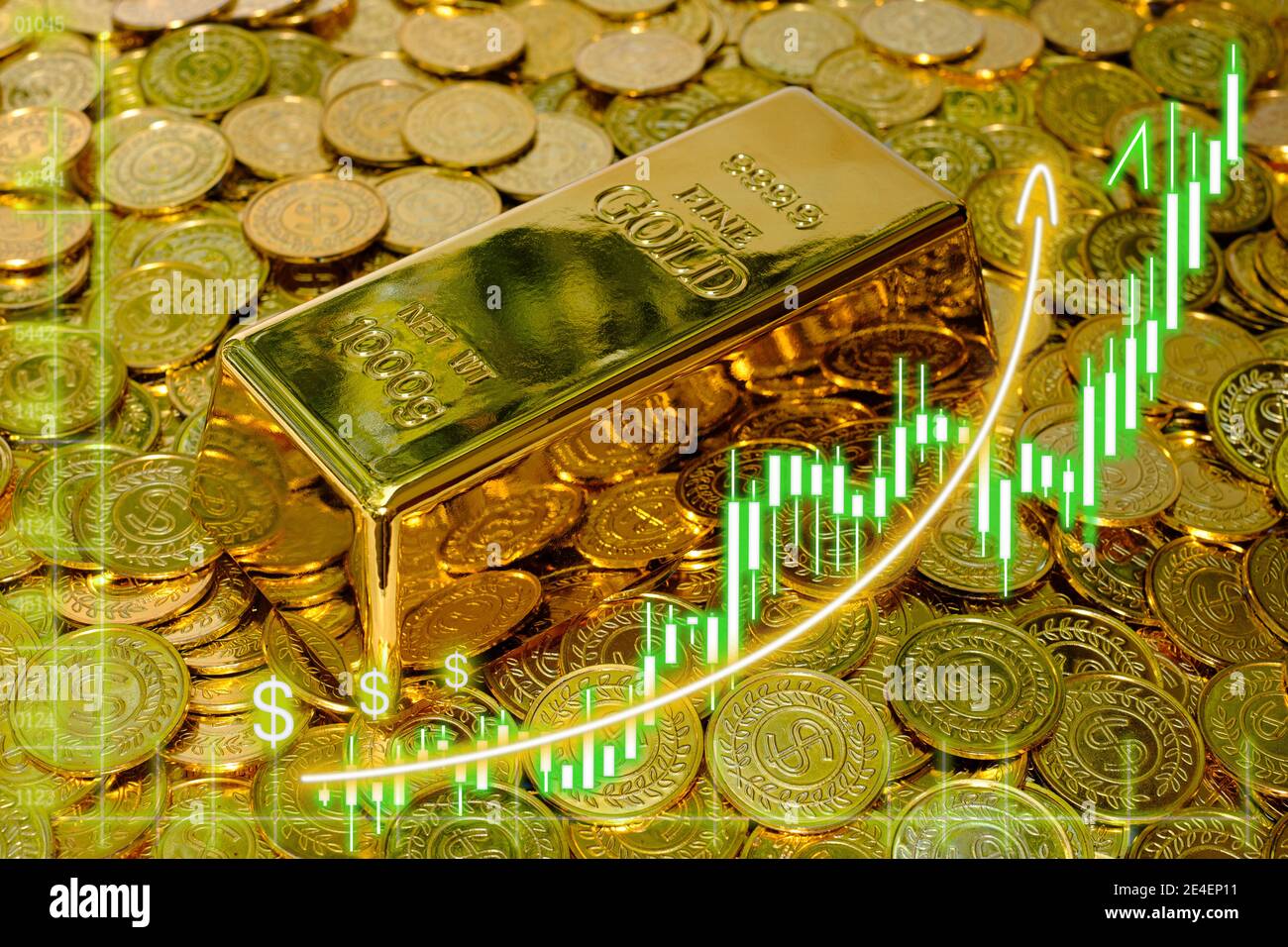 Wachstum des Goldkurses Diagramm zum Wachstum der Anleger mit Bullion Hintergrund Stockfoto