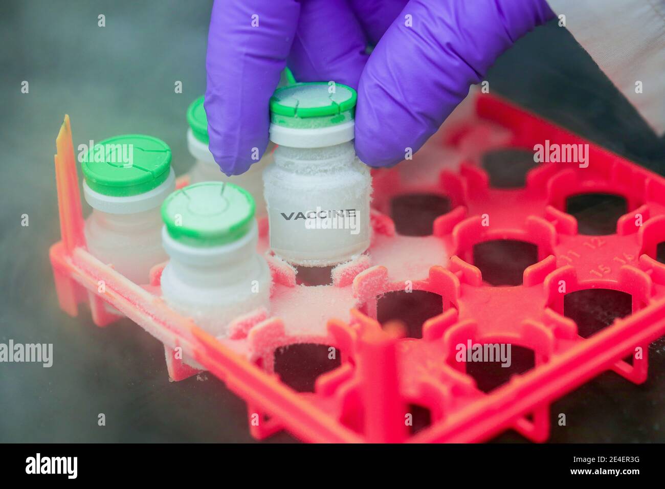 Hand mit einem medizinischen Handschuh, der eine Flasche Impfstoff aus der Eislagerung hält. Medikamentöse Behandlung bei Stickstoffeinfrieren. Stockfoto