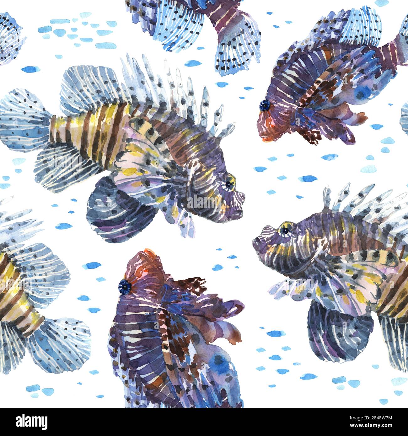 Löwenfisch in Aquarell. Teufel Glühwürmchen nahtlose Muster. Bunte exotische tropische Fische Hintergrund Hand gezeichnet für Dekoration Design. Unterwasserwelt Stockfoto