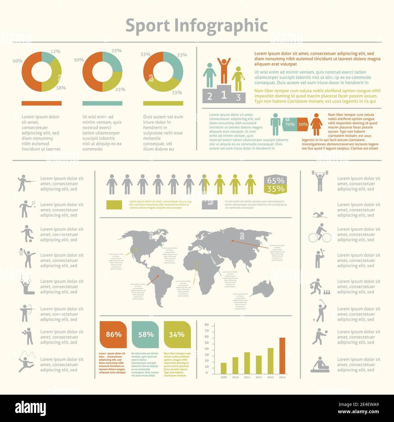 Infografik Leichtathletik Sport Leistungen Entwicklung und Wettbewerbe Gewinner Statistik Präsentation Diagramme Layout Vorlage Design Vektor illustrati Stock Vektor