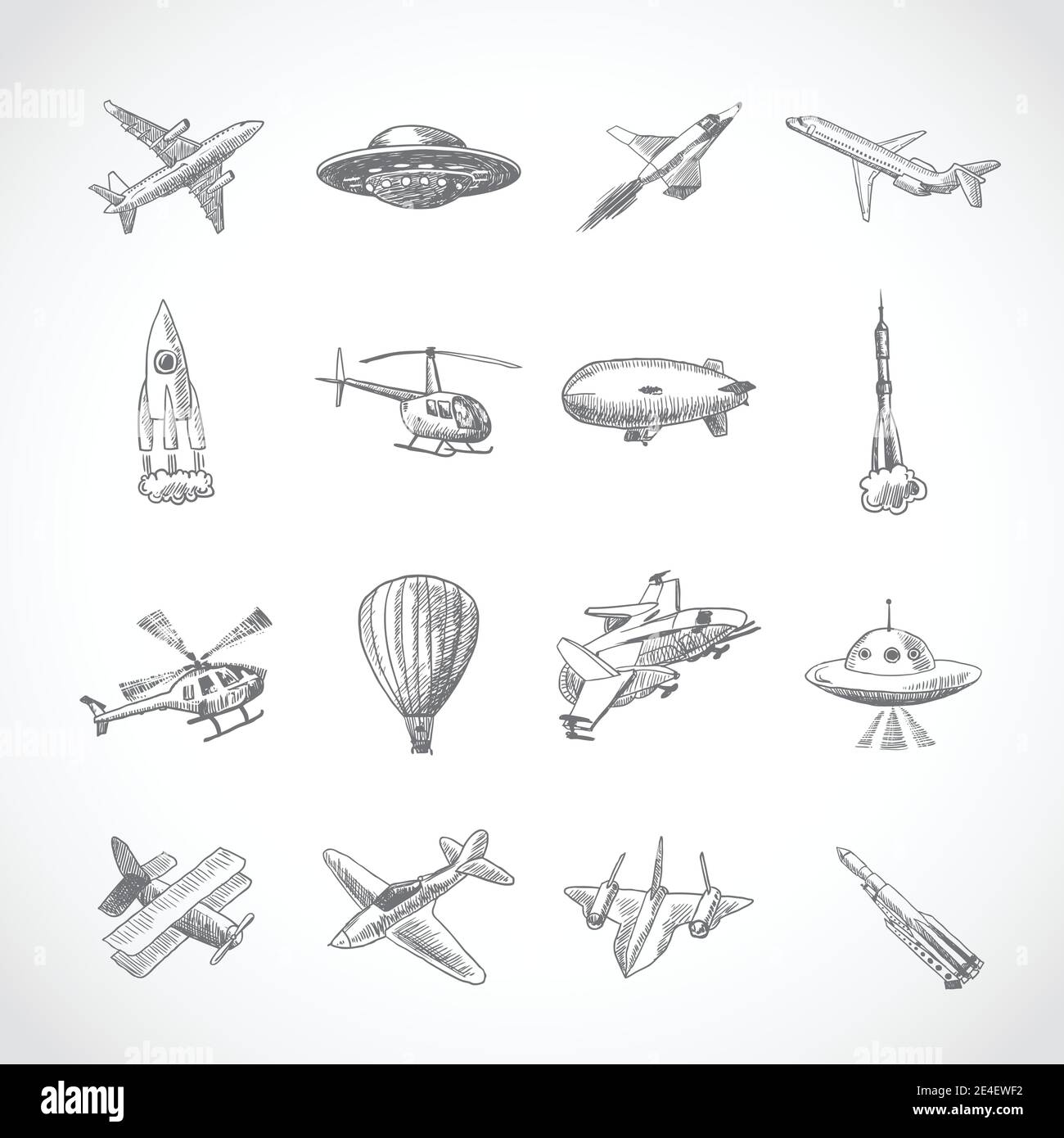 Flugzeug Hubschrauber militärische Luftfahrt Flugzeug Skizze Symbole setzen isolierte Vektor Abbildung Stock Vektor