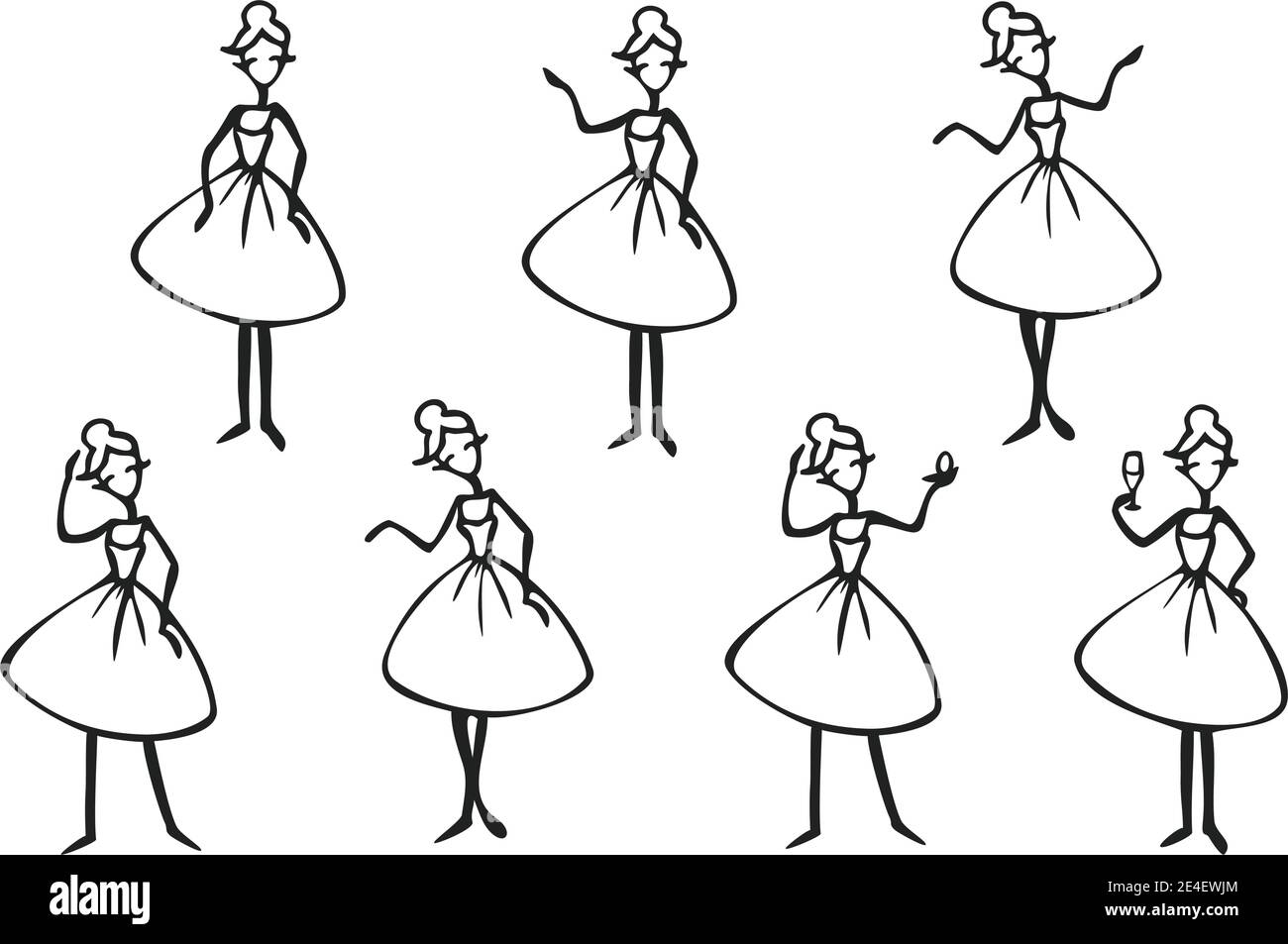 Vektor-Set mit Dame Cartoon Charakter Silhouetten. Schwarz-weiße Damen in verschiedenen Posen. Stock Vektor
