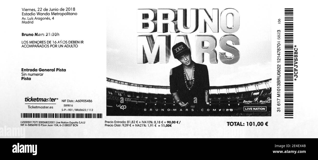 Gedrucktes Eintrittsticket Bruno Mars Pop Konzert im Wanda Metropolitan Stadium 22. Juni 2018 Madrid Spanien Stockfoto