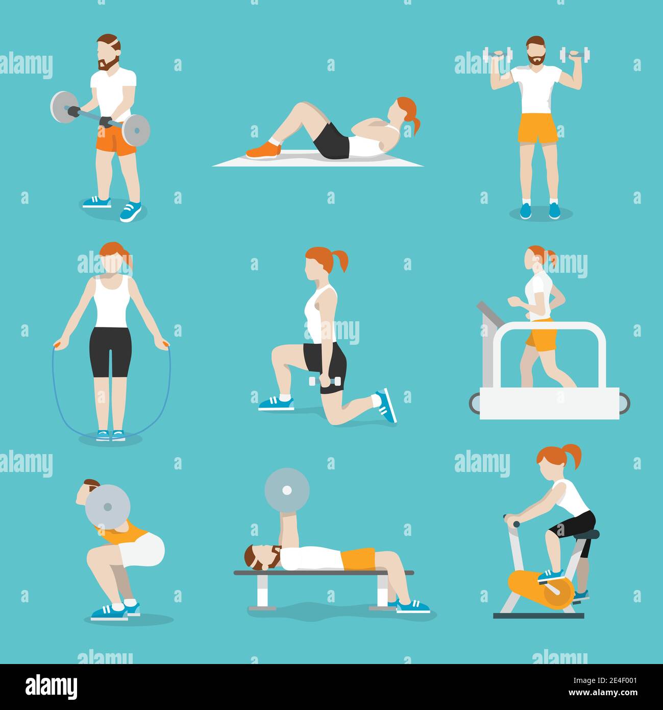 Menschen trainieren Fahrräder und Cardio-Fitness-Laufbänder mit Bank Drücken Sie Symbole Sammlung flach isoliert Vektor-Illustration Stock Vektor