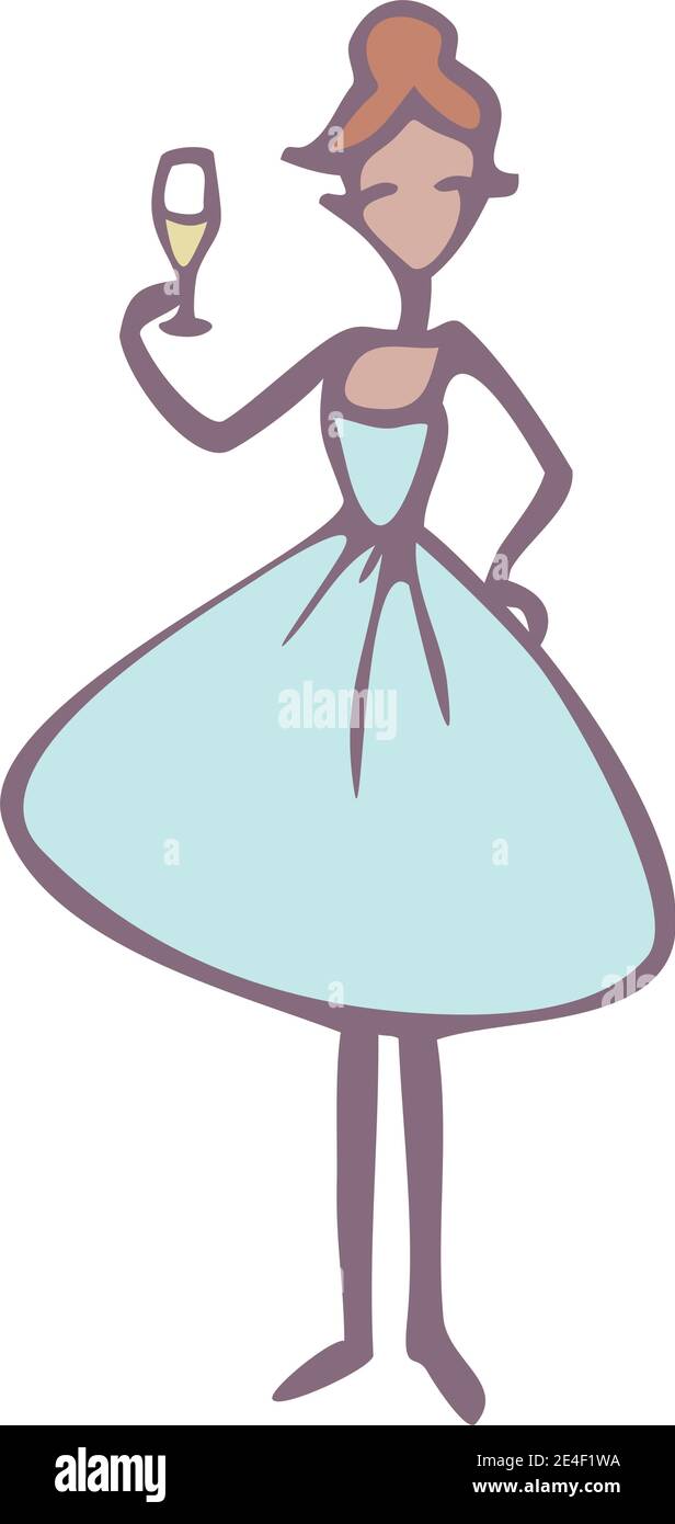 Vektor-Illustration einer Rotschopf Dame in einem blauen Kleid mit einem Glas Champagner. Frau Zeichentrickfigur. Stock Vektor