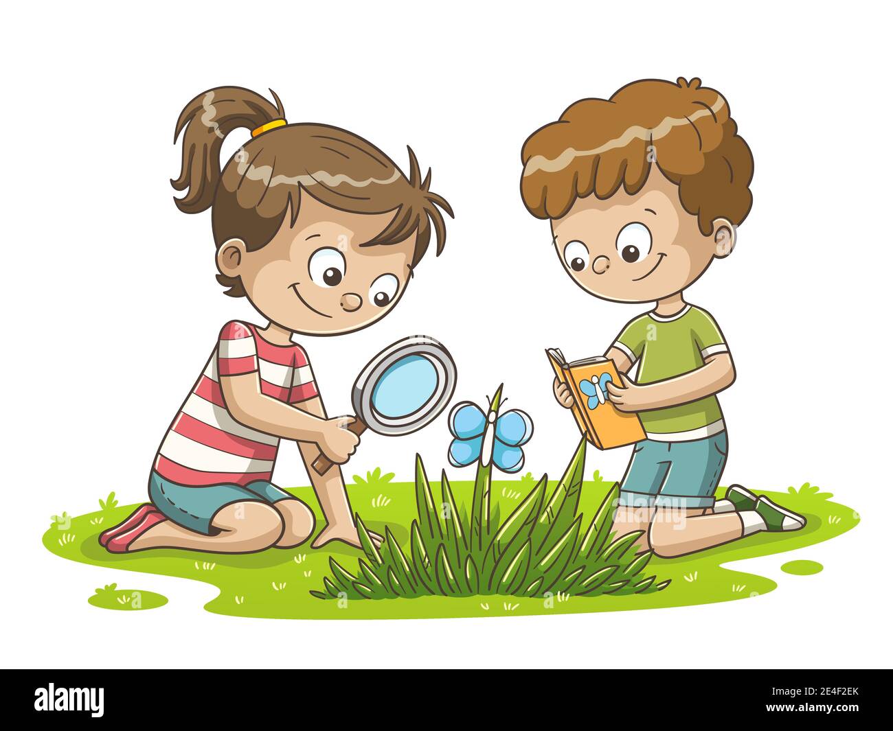 Junge und Mädchen beobachten einen Schmetterling. Handgezeichnete Vektorgrafik mit separaten Ebenen. Stock Vektor