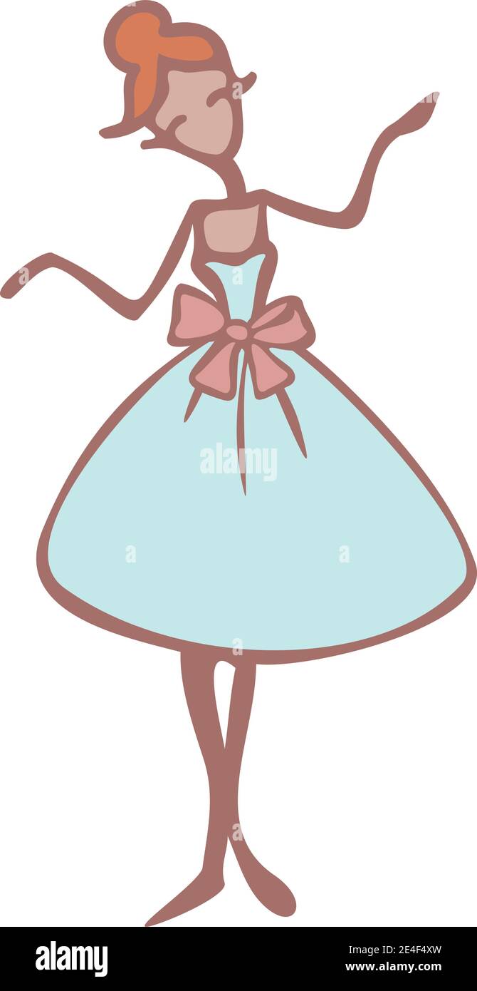 Vektor-Illustration einer Rothaarigen Dame in einem blauen Kleid mit rosa Knoten. Frau Zeichentrickfigur. Stock Vektor
