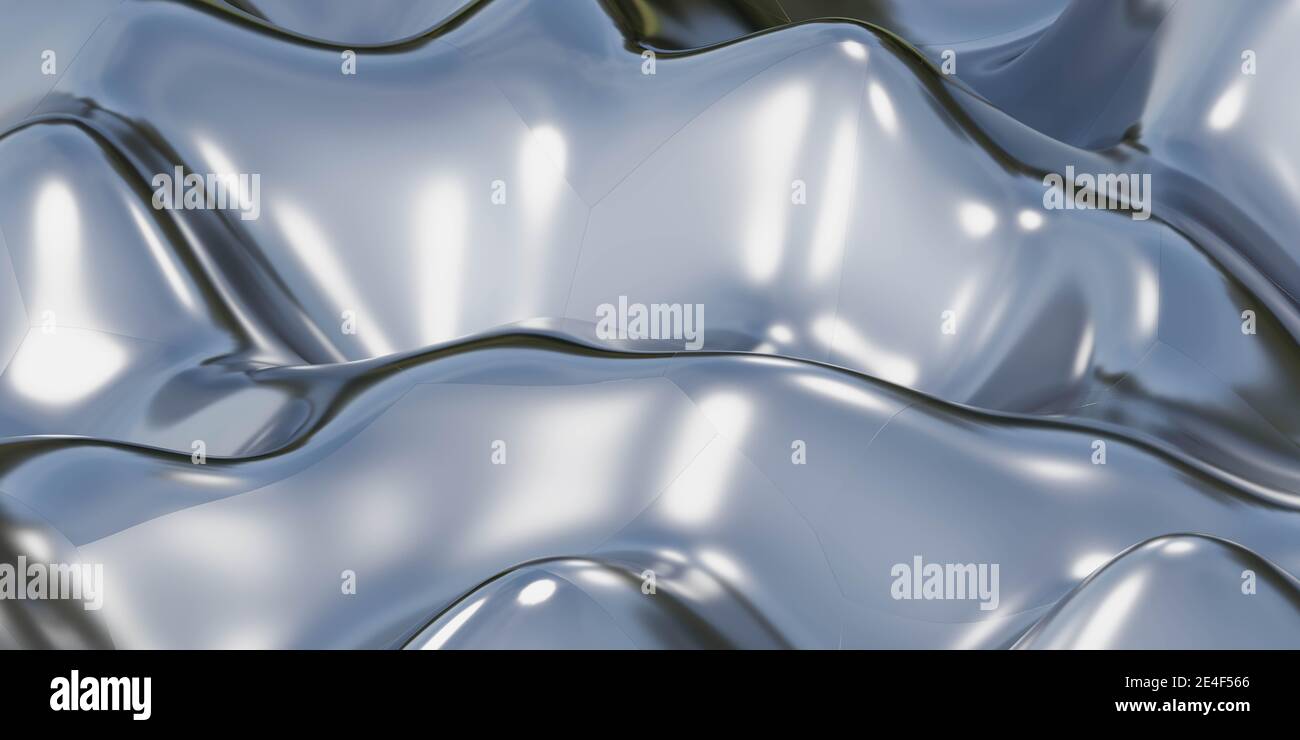 Wellenförmige blaue metallische Oberfläche mit Reflektionen Chromstahl 3d Darstellung rendern Stockfoto