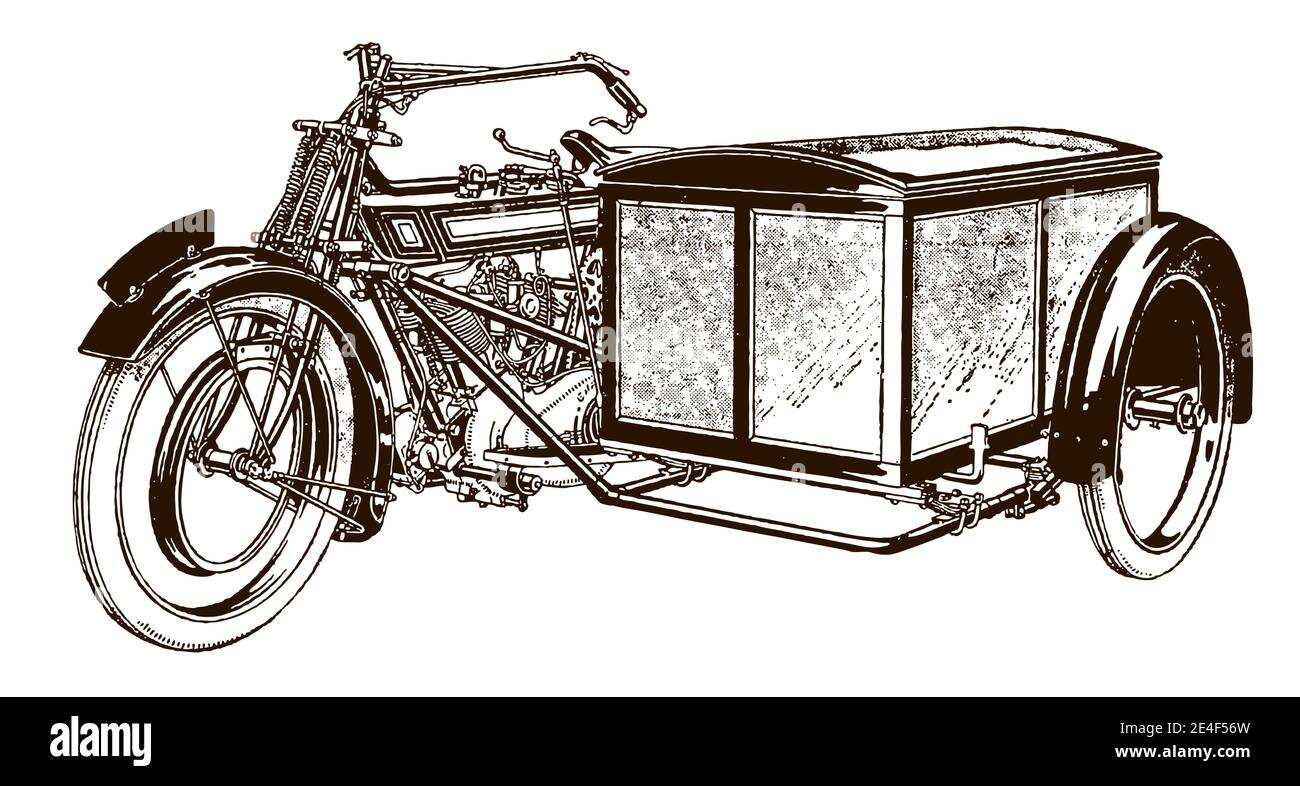 Klassisches Motorrad mit Seitenwagen in Dreiviertelansicht, nach einer Illustration aus dem frühen 20. Jahrhundert Stock Vektor
