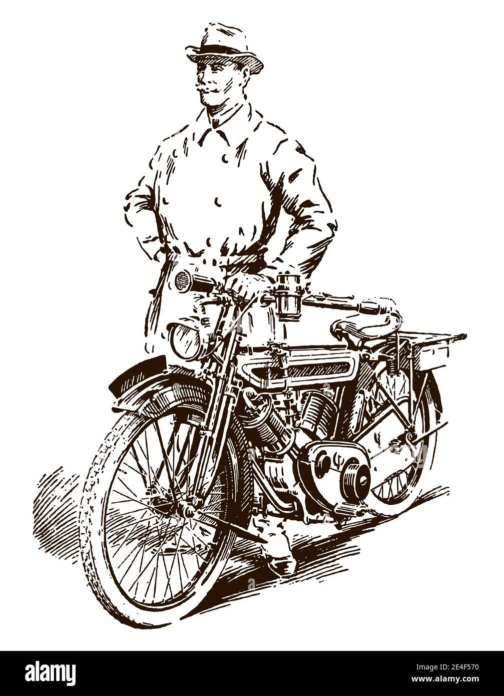 Älterer Mann aus dem frühen 20. Jahrhundert steht neben Sein klassisches Motorrad Stock Vektor