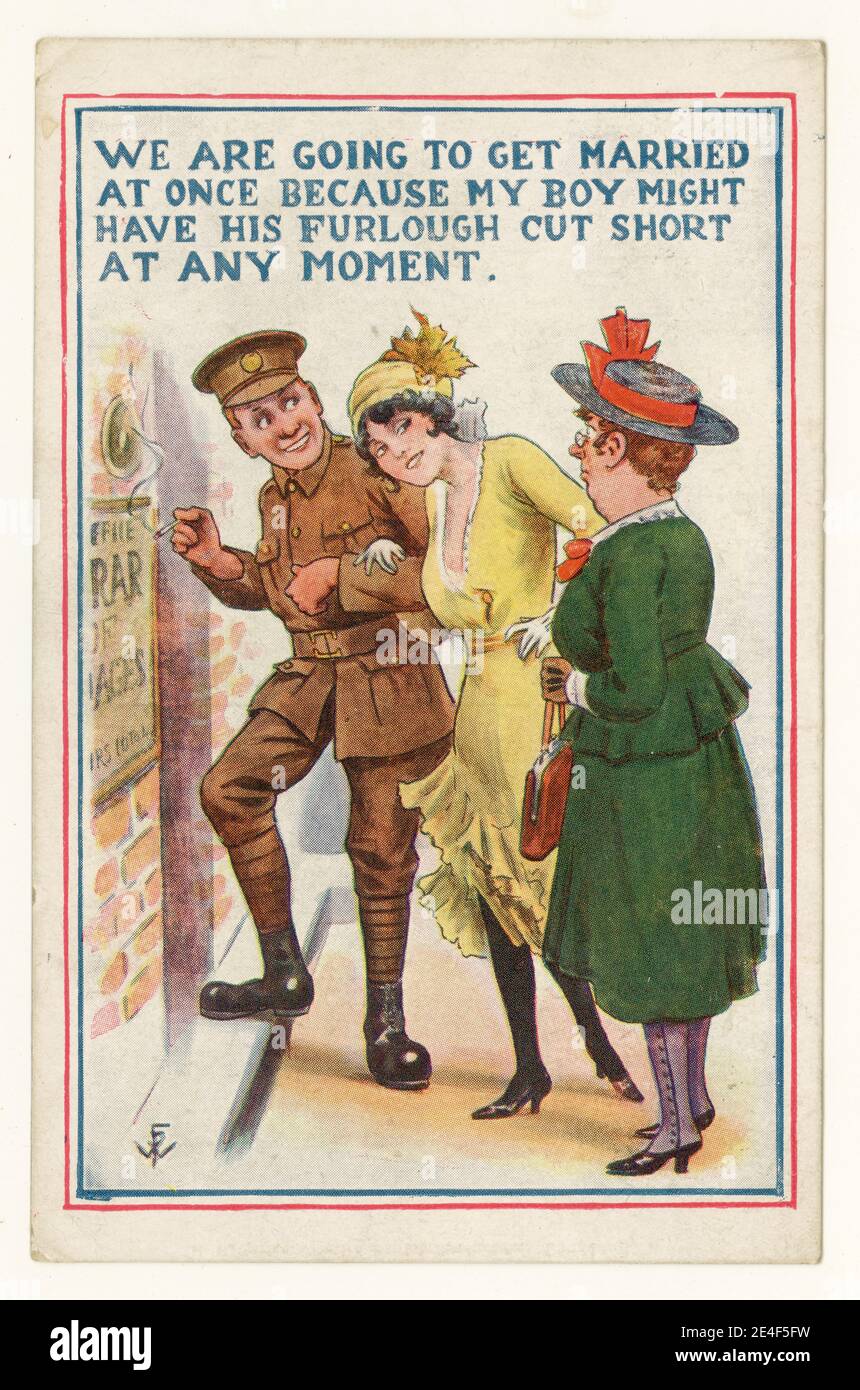 Original-Post WW1 Comic-Postkarte von verheirateten Paar, modische junge Frau, Armee Uniform, Furlough kurz geschnitten, während der Demobilisierung Furlough veröffentlicht 16 Juni 1929 aus Birmingham, U.K. Stockfoto