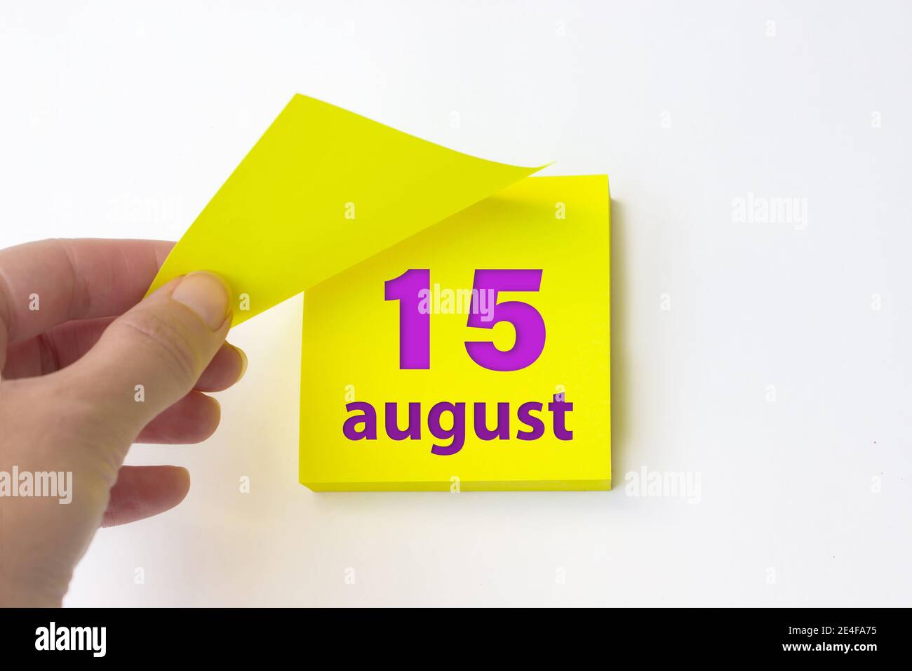 August. Tag 15 des Monats, Kalenderdatum. Die Hand reißt das gelbe Blatt des Kalenders ab. Sommer Monat, Tag des Jahres Konzept Stockfoto