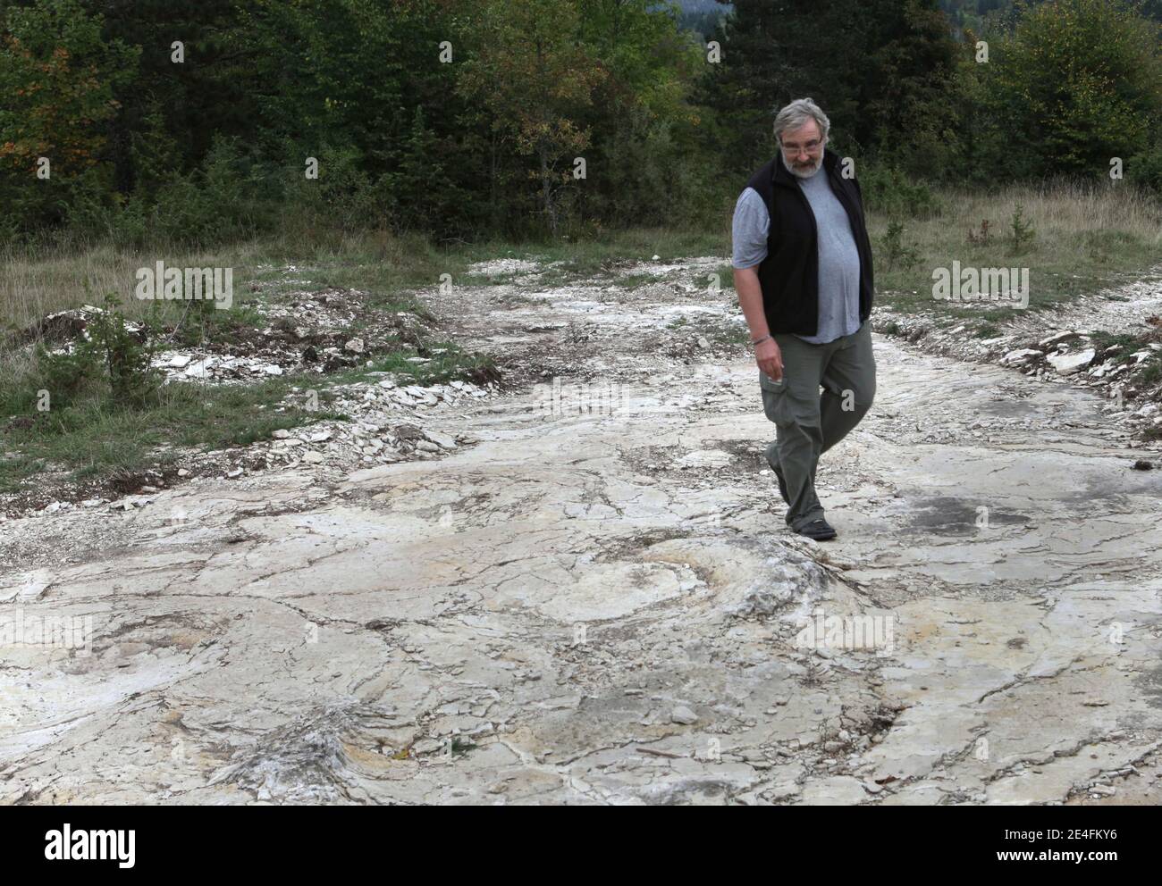 Jean-Michel Mazin, Geologe und Paläontologe, steht vor der jüngsten Entdeckung eines gut erhaltenen Sauropoden-Fußabdrucks, zwischen 1.5 und zwei Meter Durchmesser in der Nähe von Plagne, Jura, Ostfrankreich am 6. Oktober 2009. Die Entdeckung, die im April gemacht wurde und vor 150 Millionen Jahren stammt, wurde von Wissenschaftlern als einzigartige Entdeckung bestätigt. Dies könnten die größten Sauropoden Dinosaurier Spuren jemals in der Welt entdeckt, nach dem National Research French council (CNRS).Foto von Vincent Dargent/ABACAPRESS.COM Stockfoto
