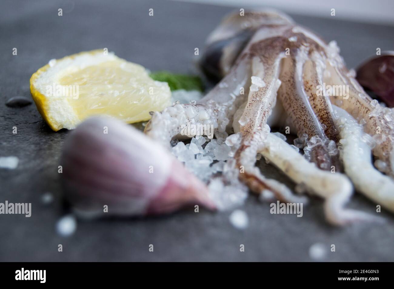 Tintenfisch Tentakeln auf einer Schieferplatte mit Zitrone und Knoblauch Stockfoto