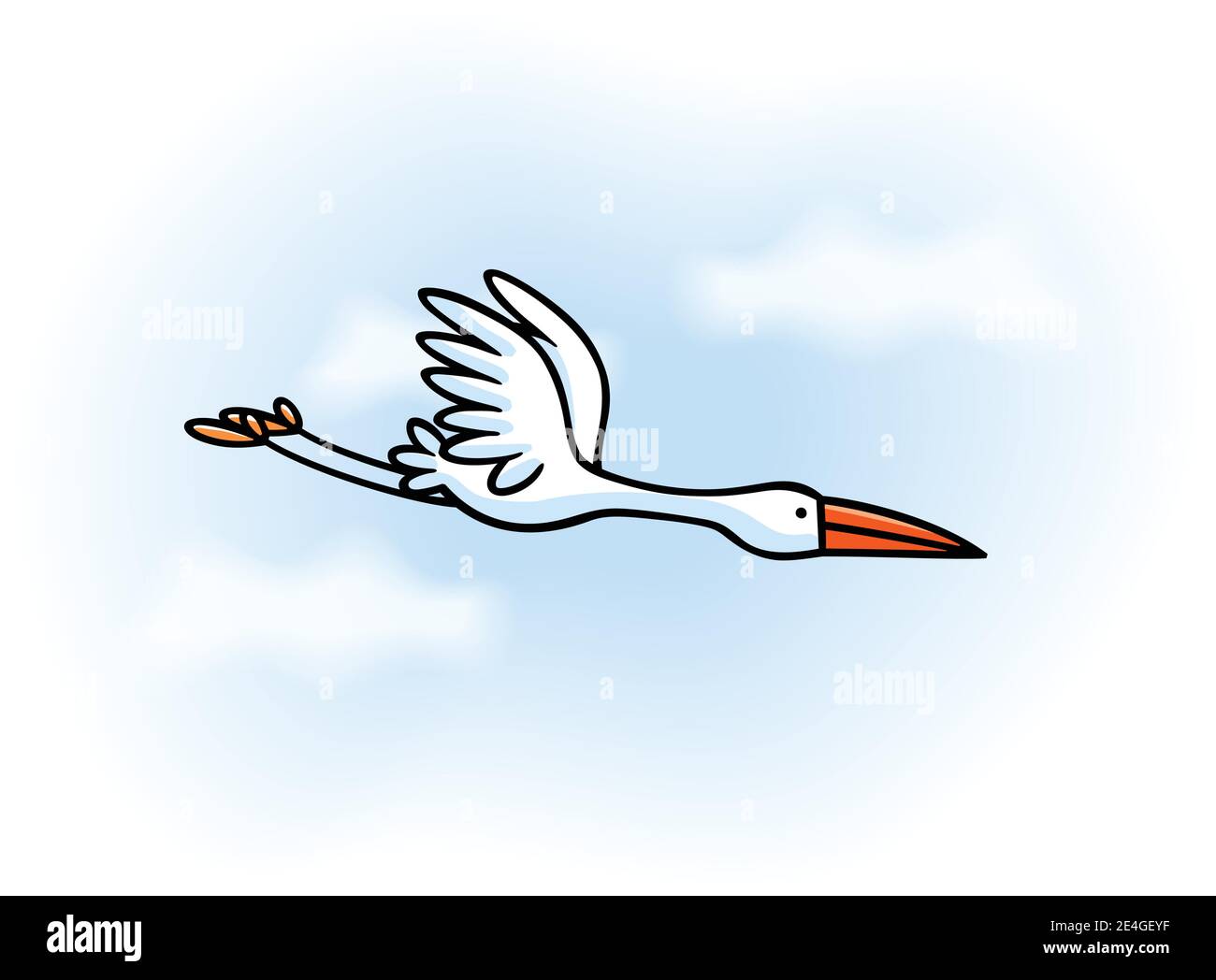 Storch oder Reiher oder Reiher fliegen in Wolken. Vektor Illustration Cartoon Cliparts Stock Vektor