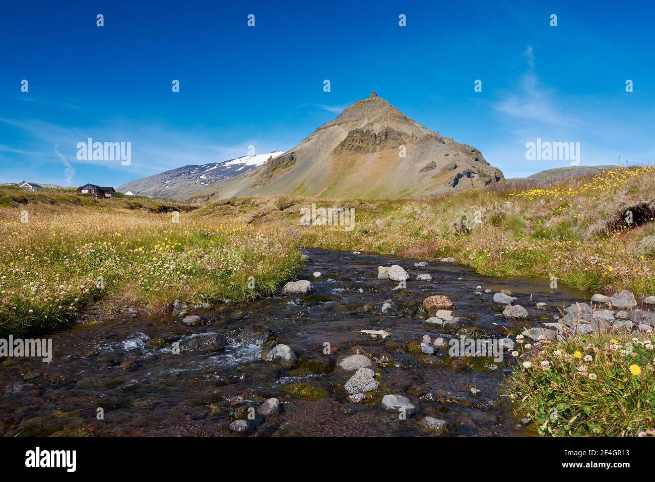 Wasserlauf aus dem Snaefellsjokull Gletscher in der Nähe des Dorfes Arnarstapi an einem kühlen Sommertag, Island Stockfoto