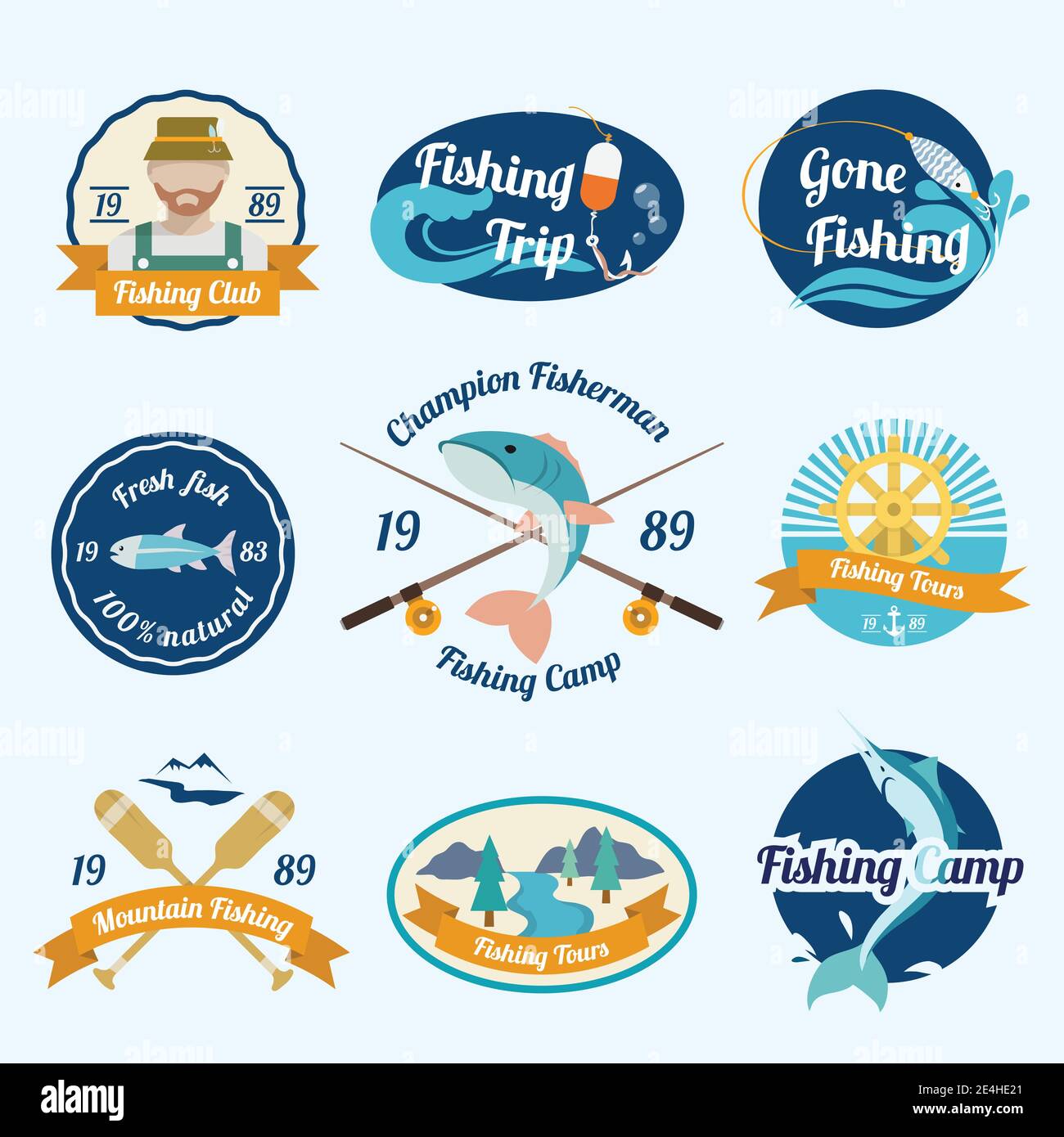Angelausflug Camps Clubs Outdoor-Touren Label isoliert Vektor gesetzt Abbildung Stock Vektor