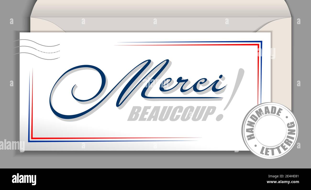 Handgeschriebener französischer Schriftzug Merci Beaucoup - Vielen Dank. Frankreich Vektor Kalligraphie Phrase Vielen Dank isoliert auf weißem envel Stock Vektor
