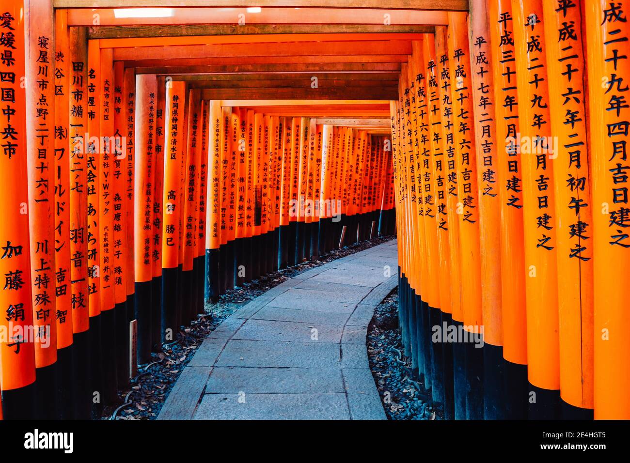 Der rote und orange Fushimi Inari Taisha Schrein in Fukakusa, Fushimi ward in Kyoto City, eine beliebte Touristenattraktion Stockfoto