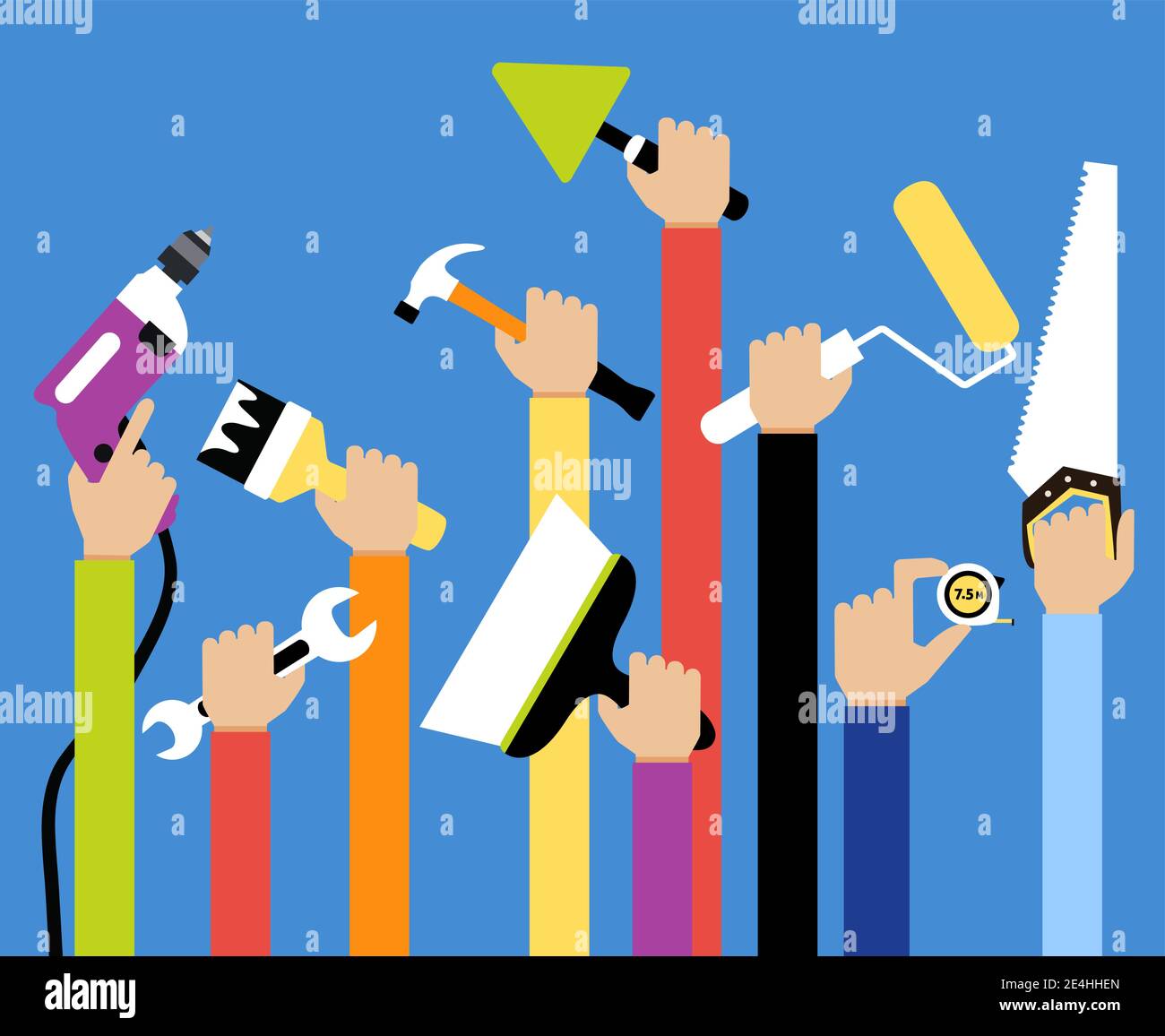 Hände mit Hausreparatur diy Renovierung Hausarbeit Werkzeuge flachen Vektor Abbildung Stock Vektor