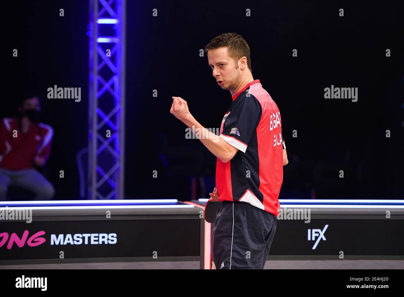 COVENTRY, GROSSBRITANNIEN. Januar 2021. Andrew Baggaley (eng) gegen Ethan Walsh (eng) während der 2021 World Ping Pong Masters in der Ricoh Arena am Samstag, 23. Januar 2021 in COVENTRY, ENGLAND. Kredit: Taka G Wu/Alamy Live Nachrichten Stockfoto