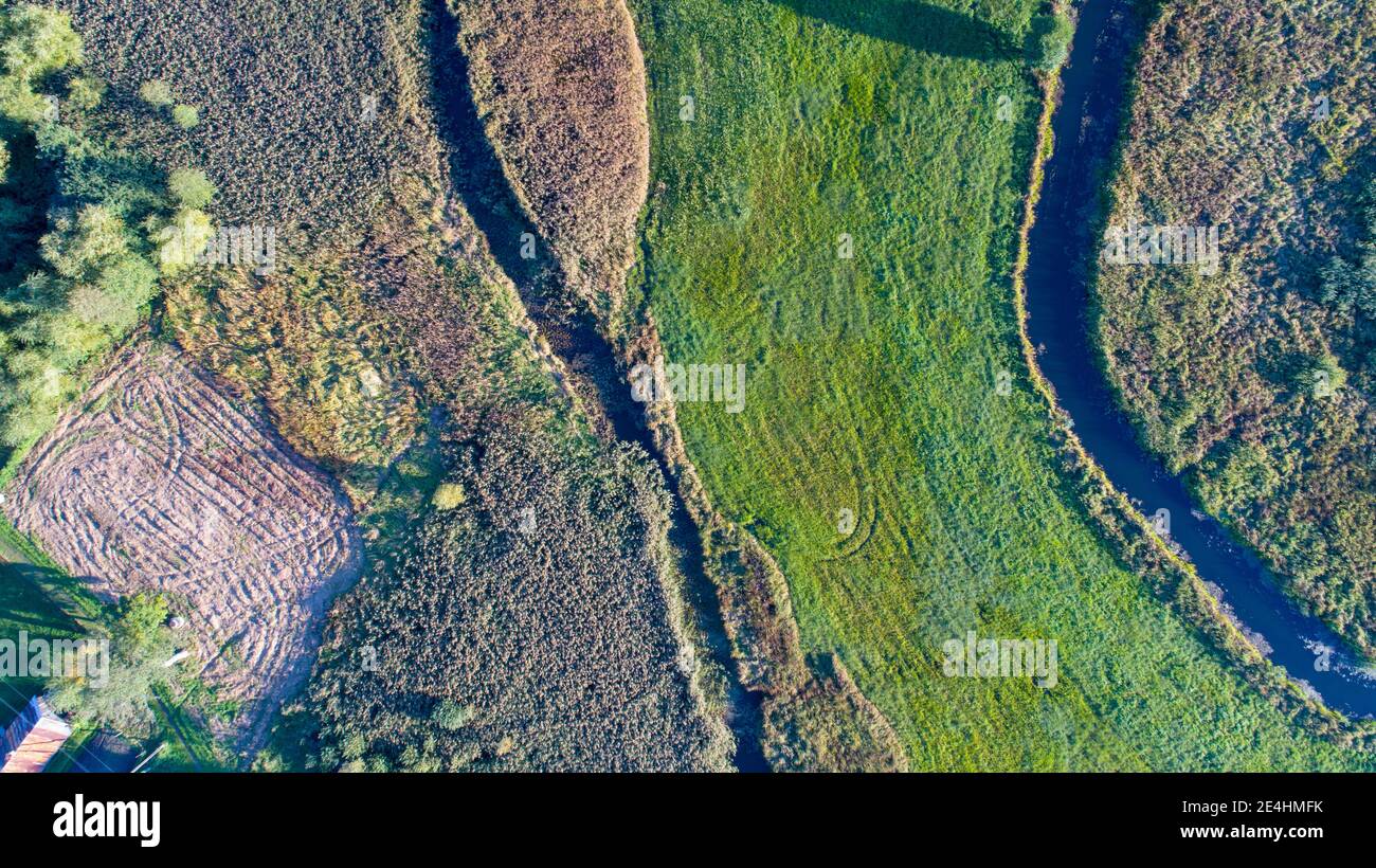 Luftdrohnenaufnahme des Flusses Narewka im Dorf Bialowieza, Polen Stockfoto
