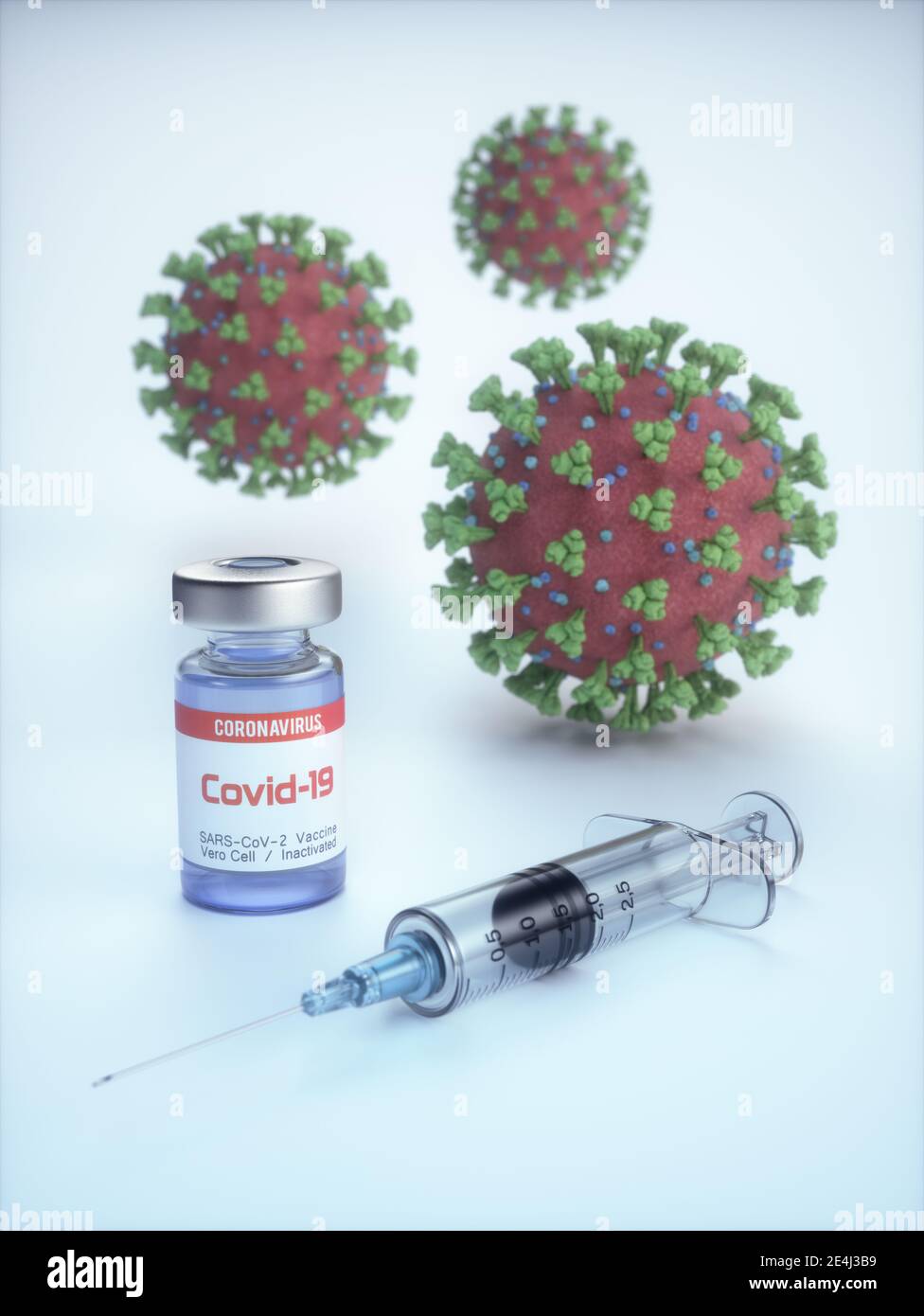 Konzeptionelles Bild für die Entdeckung eines Impfstoffs für die Covid-19, Coronavirus, 2019-nCoV, SARS-COV-2. 3D-Abbildung. Stockfoto