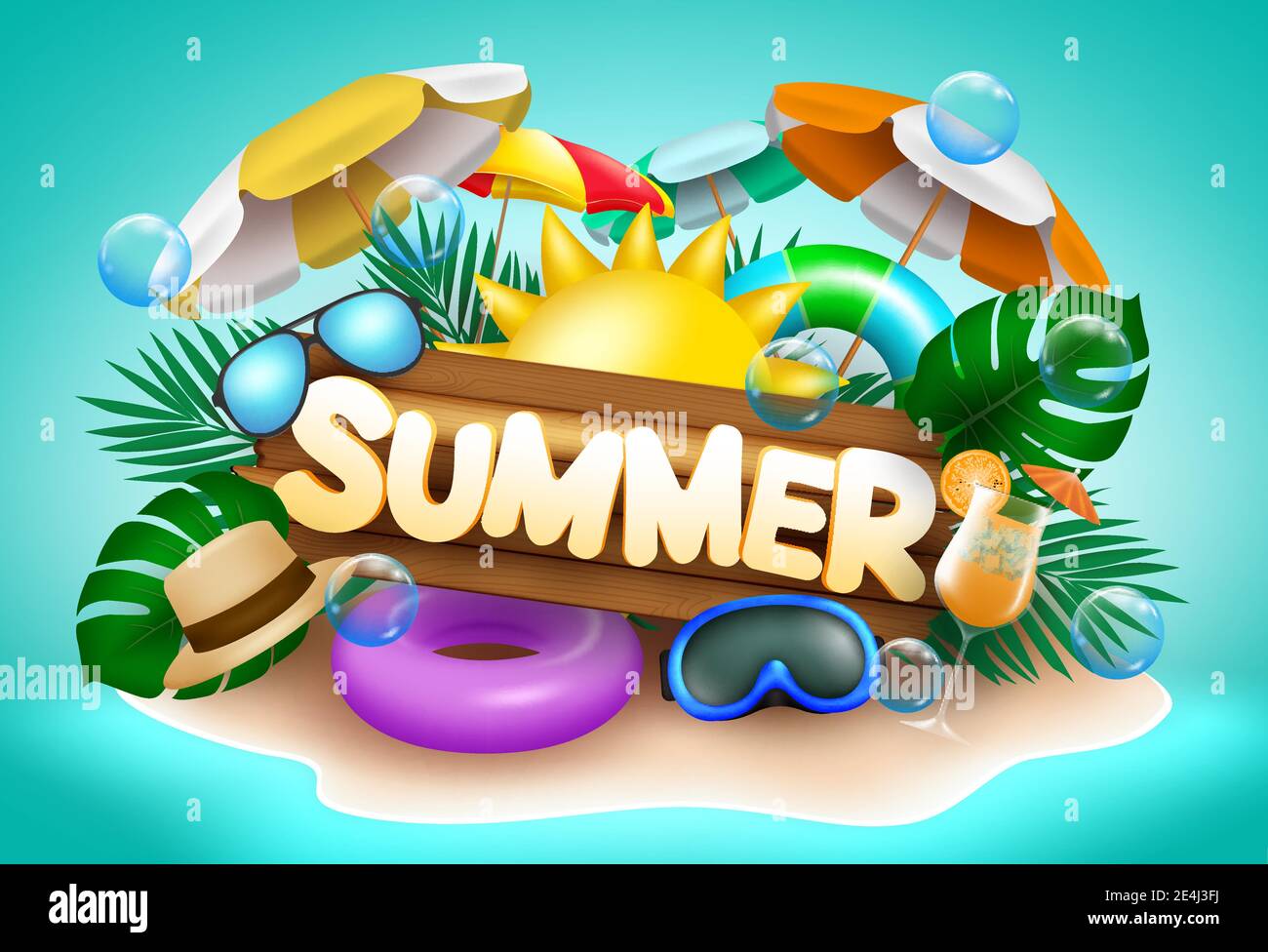 Sommer Vektor Banner Design. Sommer Text auf Insel mit bunten Strand-Element wie Sonne, Sonnenschirm, Schwimmer und Brille im grünen Meer Hintergrund. Stock Vektor