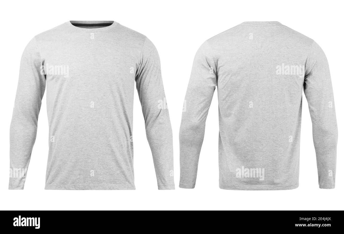 Graues T-Shirt lange Ärmel mockup vorne und hinten als Design-Vorlage verwendet, isoliert auf weißem Hintergrund mit Clipping-Pfad. Stockfoto