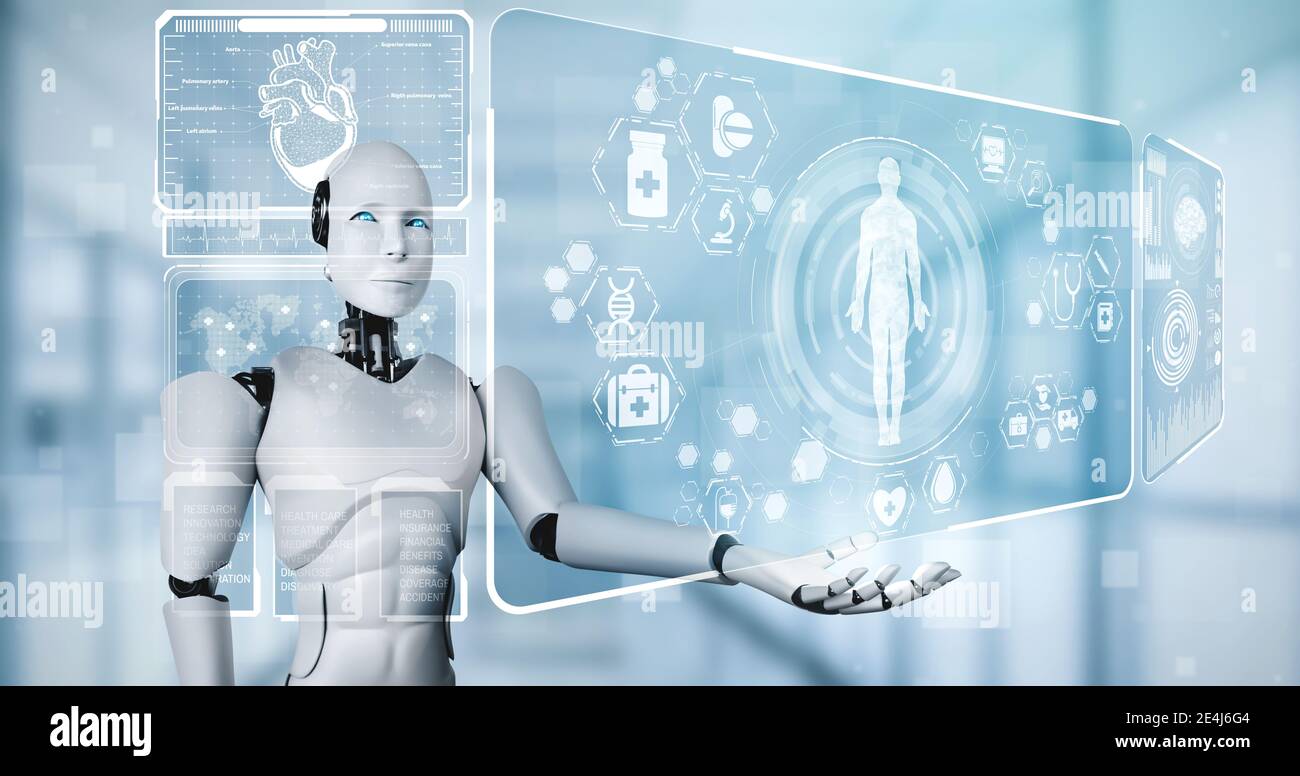 Zukünftige Medizintechnik gesteuert durch KI-Roboter mit maschinellem Lernen Und künstliche Intelligenz, um die Gesundheit der Menschen zu analysieren und Ratschläge zu geben Zum Thema Gesundheit Stockfoto
