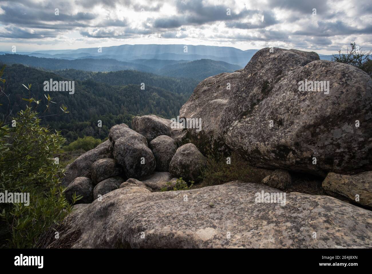 Ein Haufen Felsbrocken in den Bergen von Santa Cruz südlich von San Francisco in Kalifornien. Stockfoto