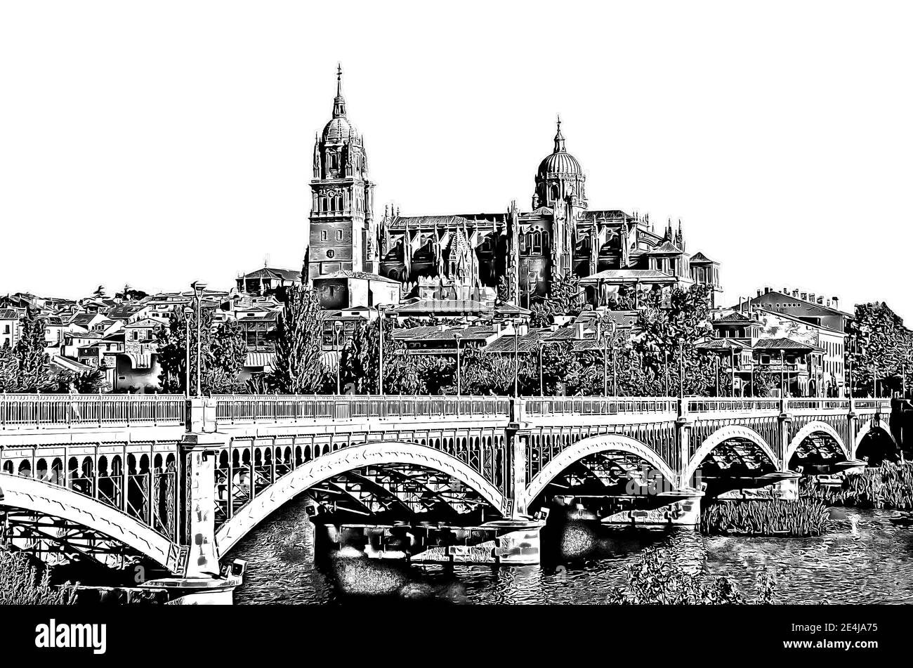 Grafische Ansicht Salamanca Kathedrale und Estevan Brücke über Tormes Fluss auf weißem Hintergrund. Salamanca / Kastilien und Leon, Spanien. Stockfoto