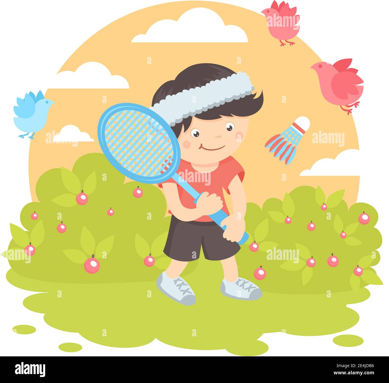 Junge Kind mit Sport-Schläger spielen Badminton auf dem Rasen mit Natur im Freien Hintergrund Vektor Illustration. Stock Vektor