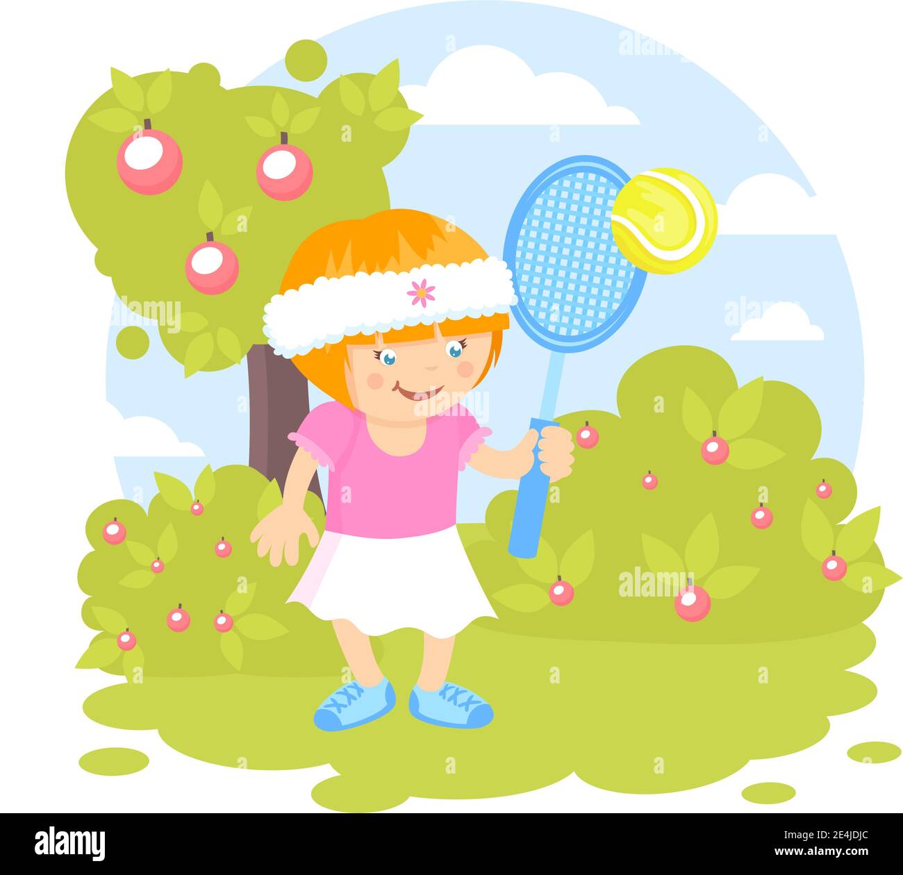 Mädchen Kind mit Sport-Schläger spielt Tennis auf dem Rasen Vektordarstellung im Freien Stock Vektor