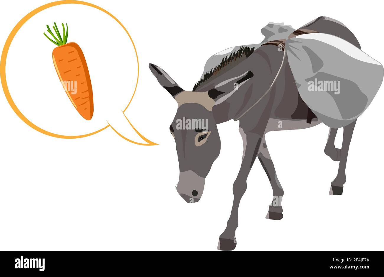 Esel trägt eine schwere Ladung, eine große Tasche und Sprechblase mit der Karotte, von der er träumt. Cartoon bunte Vektor Illustration. Stock Vektor