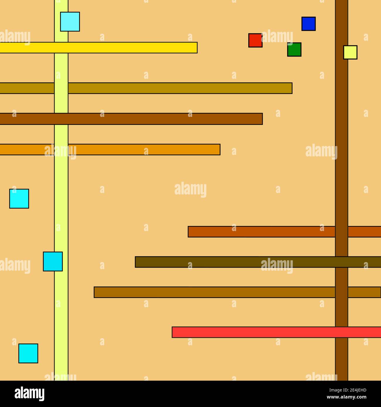 Orangefarbener Hintergrund mit kleinen bunten Quadraten, Streifen. Einfaches geometrisches Ornament. Abstraktes Design, Muster im primitiven Ethno-Stil. Vektor EPS10 Stock Vektor