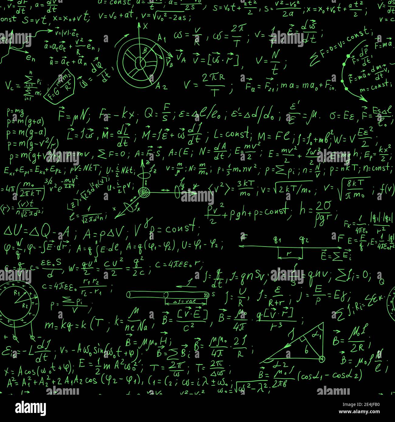 Hand schreiben Physik Formel auf nahtlose Tafel Vektor Illustration. Grünes Leuchten eingeschrieben mit wissenschaftlichen Formeln und Berechnungen in der Physik und Stock Vektor