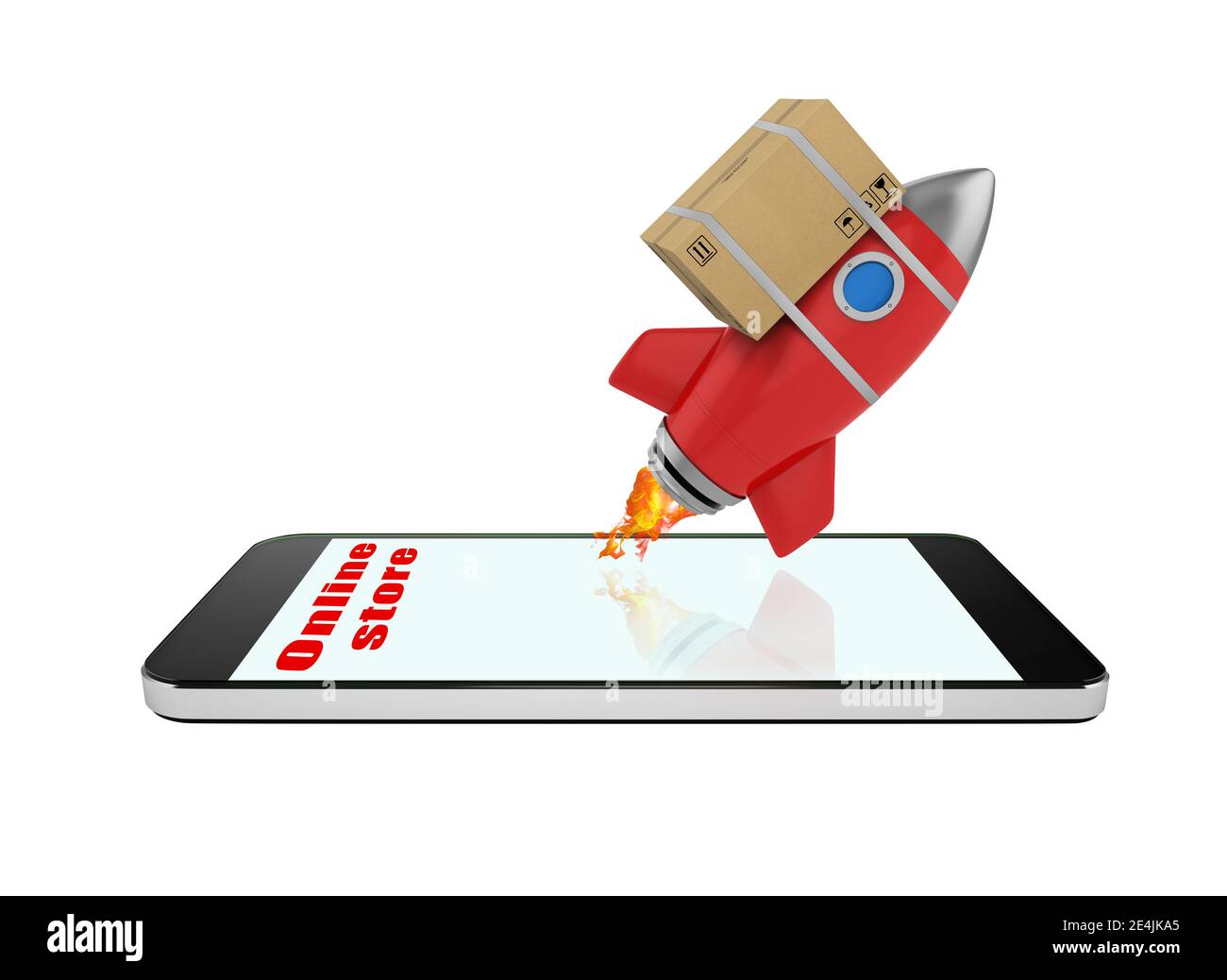 Smartphone mit einer Rakete, die aus dem Bildschirm verlassen. Konzept der schnellen Internet-Lieferung Stockfoto