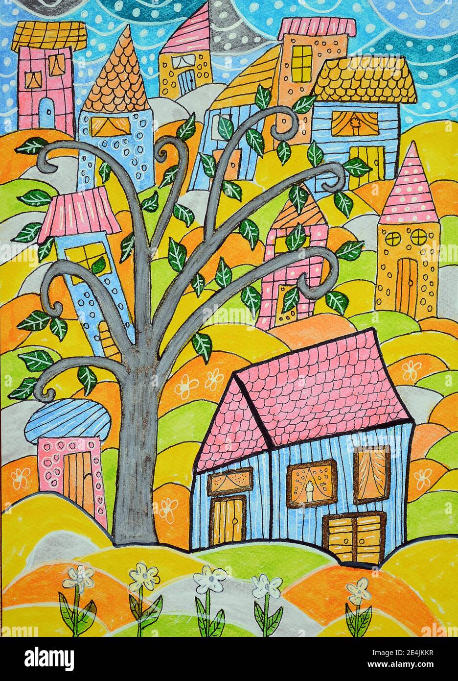 Bunte Häuser mit Baum, naive Malerei Stockfoto