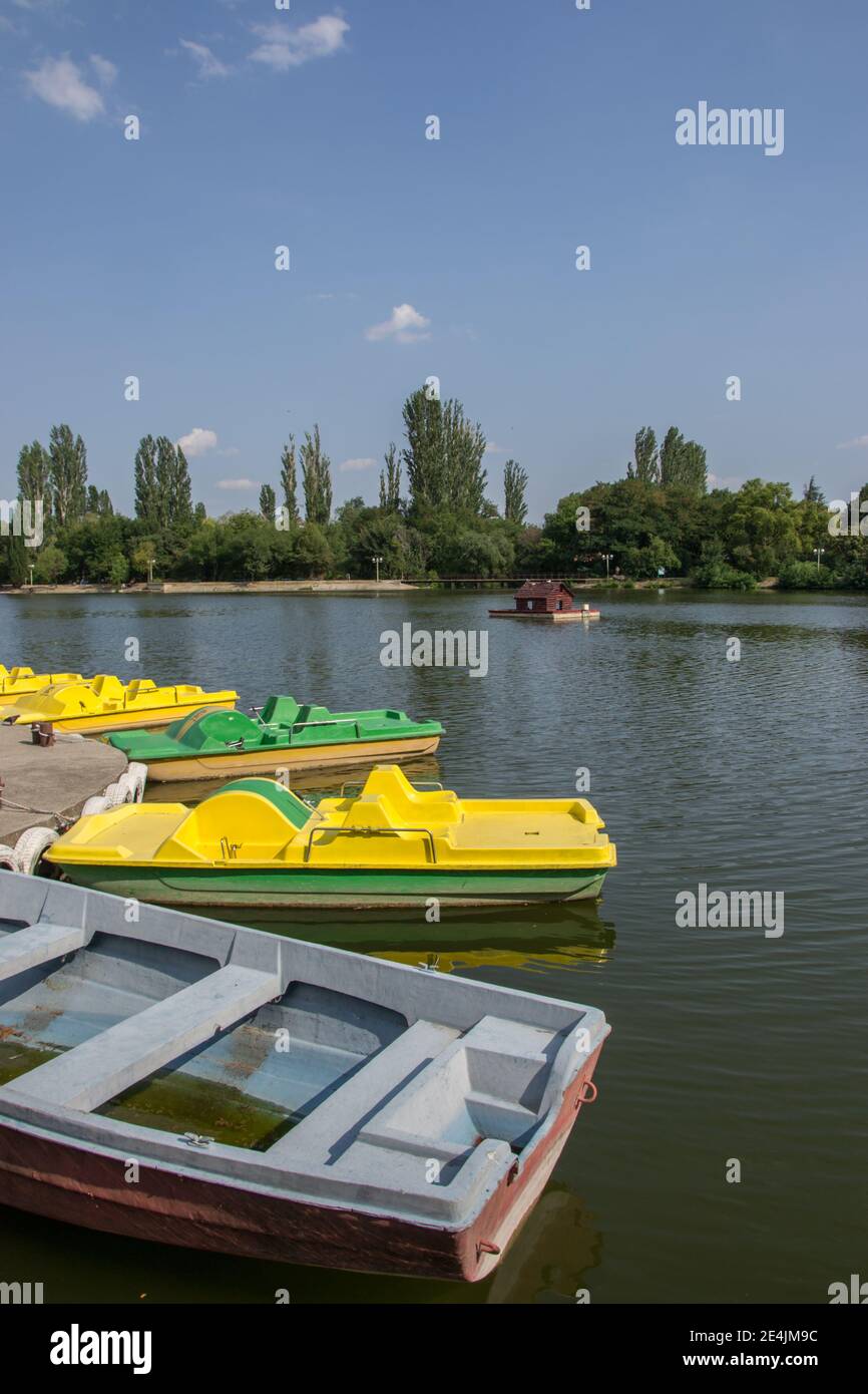 Schöne friedliche Natur, Bäume und Pflanzen auf einem See, schwimmende Vogelhaus, öffentlicher Park mit Tretbooten, Reflexion im Wasser, Zagorka See, Stara Stockfoto