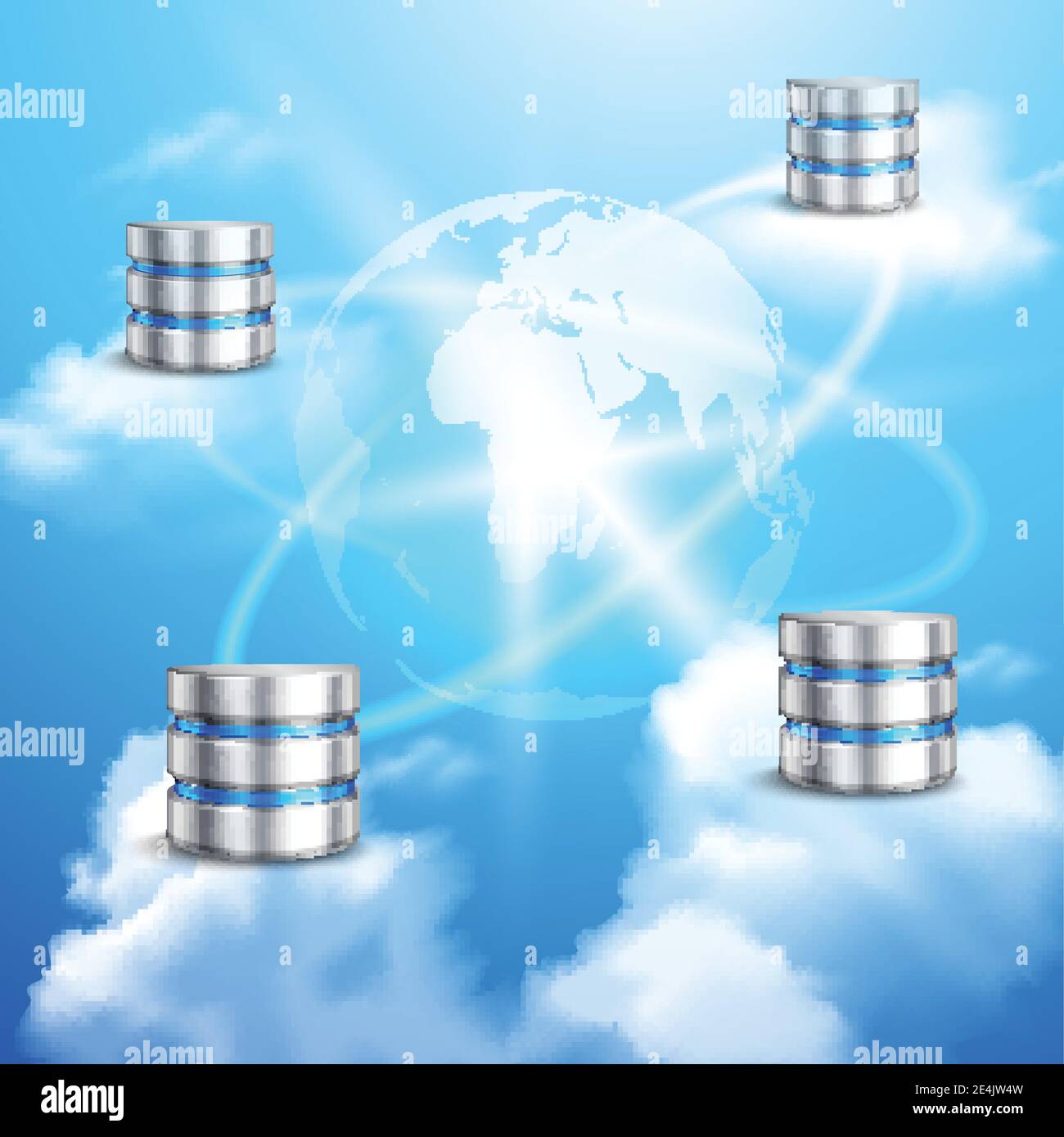 Netzwerk-Datenserver mit realistischen Clouds und Globe on verbunden Hintergrund Poster Vektor Illustration Stock Vektor