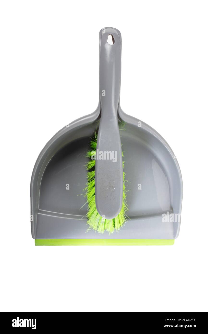 Makro-Foto Von Abgenutzter Dustpan Mit Pinsel. Isoliert auf weißem Hintergrund. Warten auf Reinigung. Stockfoto