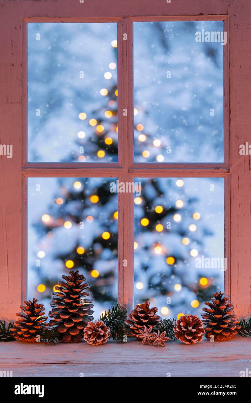 Fenster mit Blick auf beleuchteten Weihnachtsbaum Stockfoto