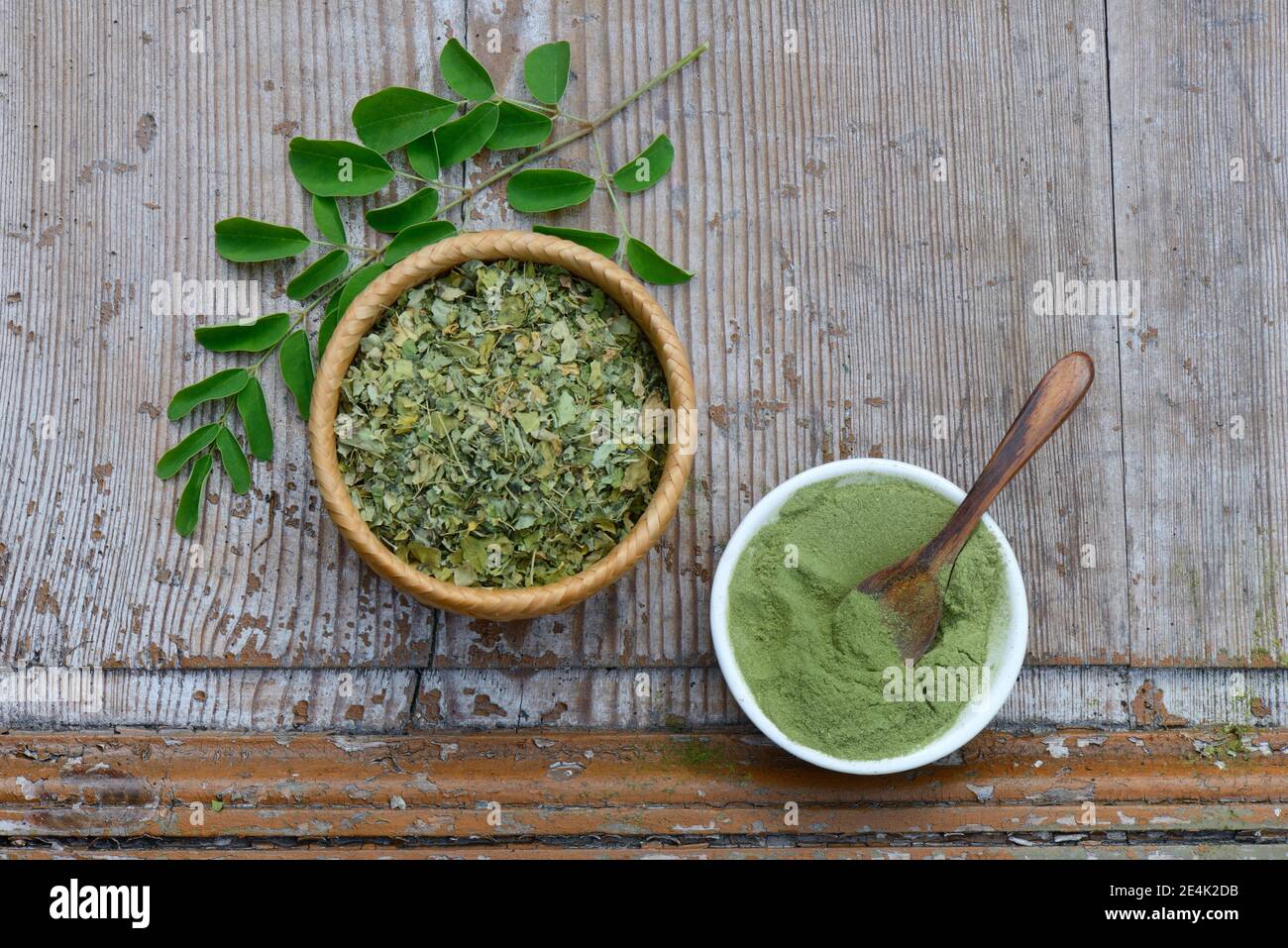 Moringa, Moringa Pulver in Schüssel mit Holzlöffel, getrocknete und frische Moringa Blätter, Moringa Pulver, Moringa oleifera Stockfoto