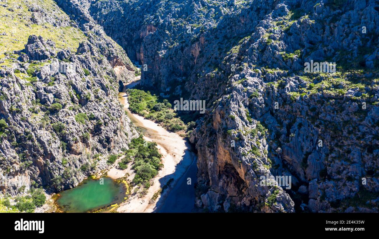 Panoramablick auf die Schlucht Torrent De Pareis, Malloraca, Sierra De Tramuntana, Balearen, Spanien Stockfoto