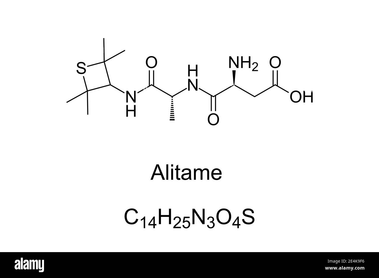 Alitam, chemische Formel und Skelettstruktur. Ein nicht-kalorienreicher künstlicher Süßstoff, Zuckerersatz und Aspartam analog. Stockfoto