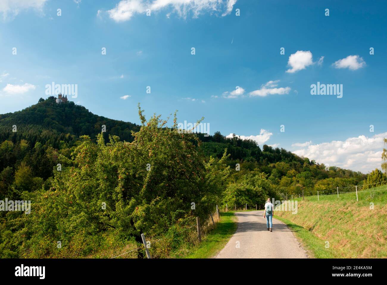 Frau, die auf der Straße in Richtung Burg Hohenzollern auf der Schwäbischen Alb geht Stockfoto