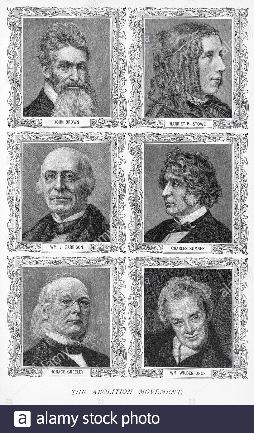 John H. Brown, Harriet Elisabeth Beecher Stowe, William Lloyd Garrison, Charles Sumner, William Wilberforce, Horace Greeley Portraits, Slavery Abolition Movement, Vintage Illustration von 1897 Stockfoto