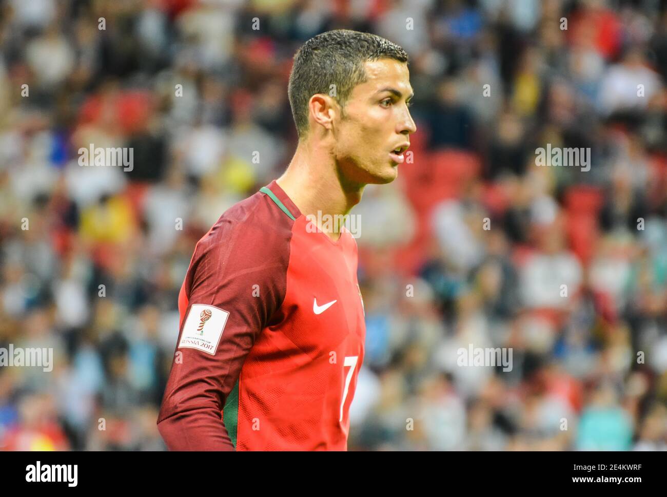 Kasan, Russland – 28. Juni 2017. Kapitän der portugiesischen Fußballnationalmannschaft Cristiano Ronaldo während des FIFA Confederations Cup 2017 Halbfinale Portugal gegen CH Stockfoto